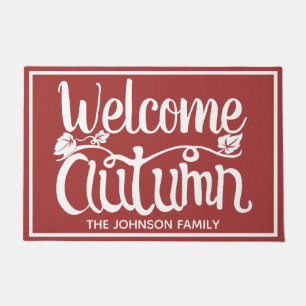 Fall Welcome Autumn in Red Personalized Doormat