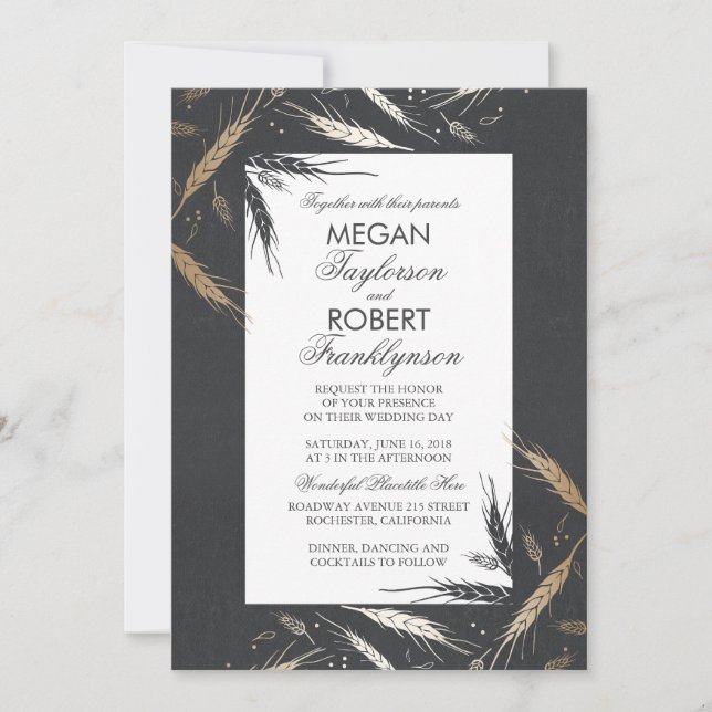 Fall Wheat Gold Foil Effect Chalkboard Wedding Invitation (Front)