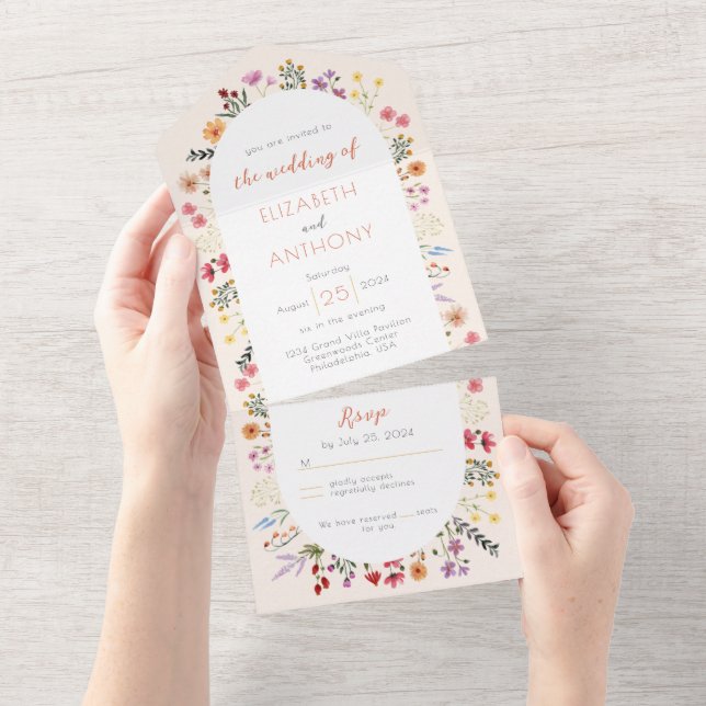 Fall Whimsical Wildflower Calligraphy Oval Wedding All In One Invitation (Tearaway)