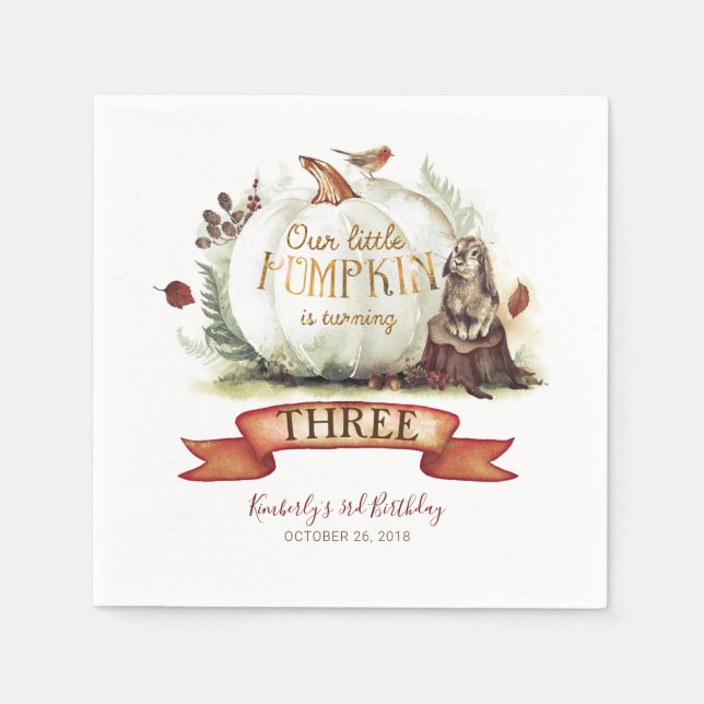 Fall White and Gold Pumpkin Birthday Napkin (Front)