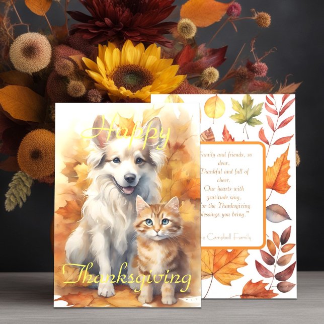Fall White Collie Dog & Tabby Kitten Thanksgiving Card (Creator Uploaded)