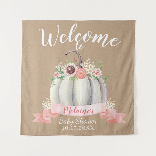 Fall White Pumpkin Baby Shower Welcome  Tapestry (Front)