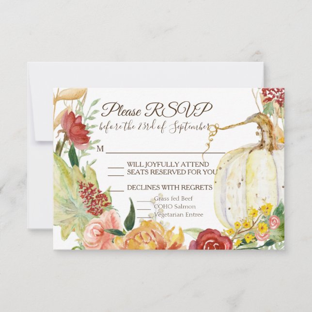 Fall White Pumpkin Floral Burgundy Wreath Wedding RSVP Card (Front)