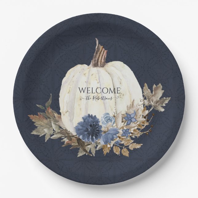Fall White Pumpkin Navy Dusty Blue Brown Foliage Paper Plate (Front)