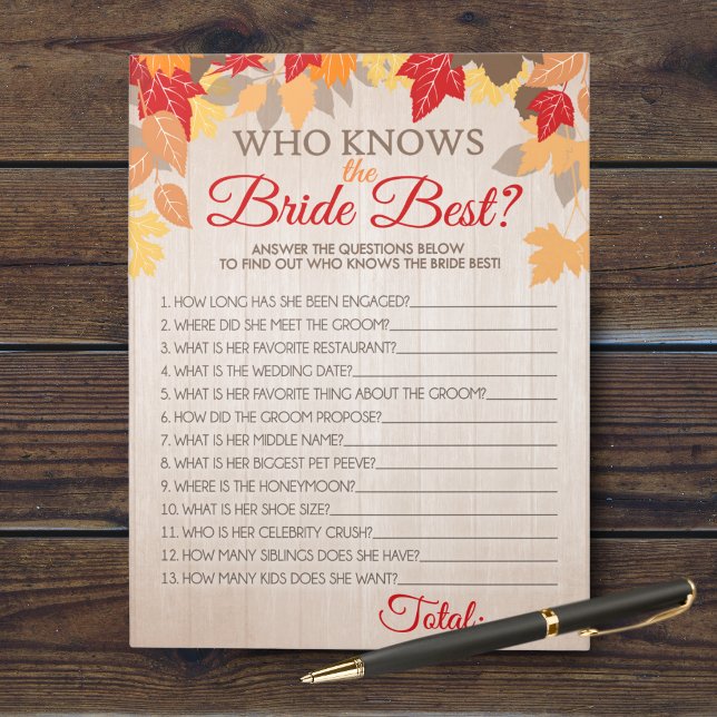 Fall Who Knows The Bride Best Party Game Pack Notepad (Who Knows the Bride Best Bridal Shower Party Game. Comes in a pack of 40 easy tear away games!)