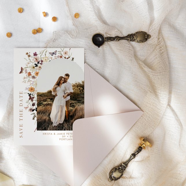 Fall Wild Flowers Arch Photo QR Code Wedding Save The Date (Creator Uploaded)