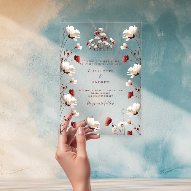 Fall wildflower burgundy cream boho clear wedding acrylic invitations (Creator Uploaded)
