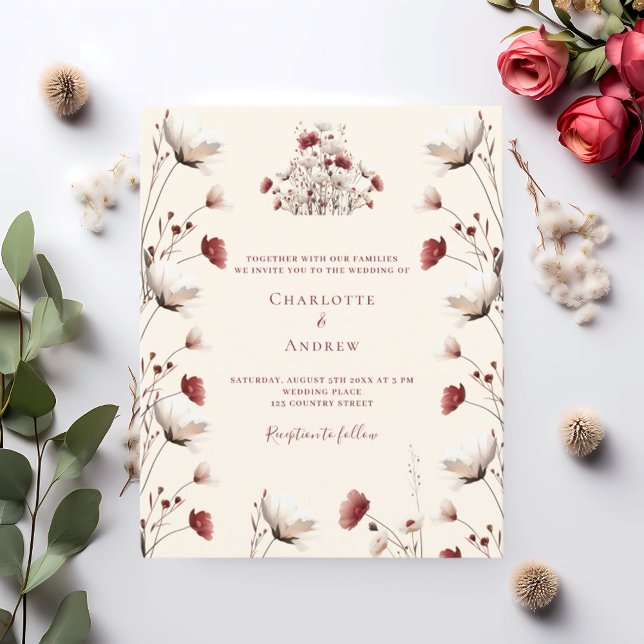 Fall wildflower burgundy cream wedding invitation (Creator Uploaded)