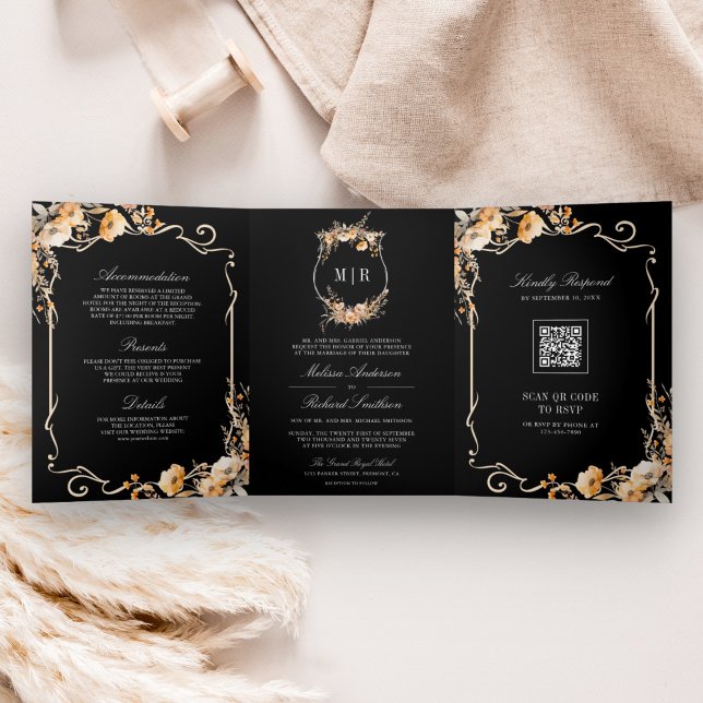 Fall Wildflower Crest Black QR Code Wedding Tri-Fold Invitation (Creator Uploaded)