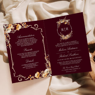 Fall Wildflower Crest Burgundy QR Code Wedding Invitation