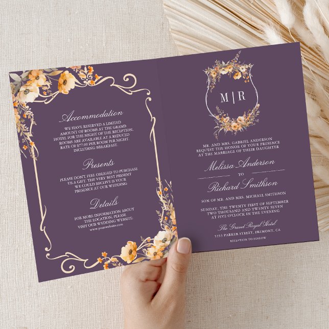 Fall Wildflower Crest Dusty Purple QR Code Wedding Invitation (Creator Uploaded)