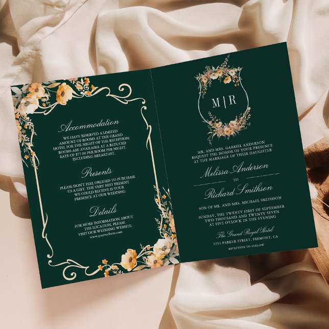 Fall Wildflower Crest Emerald QR Code Wedding Invitation (Creator Uploaded)