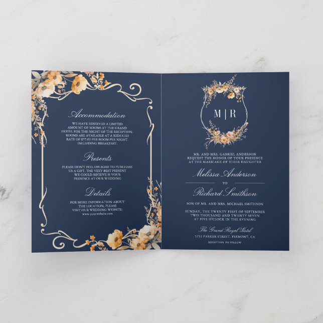 Fall Wildflower Crest Navy Blue QR Code Wedding Invitation (Inside)