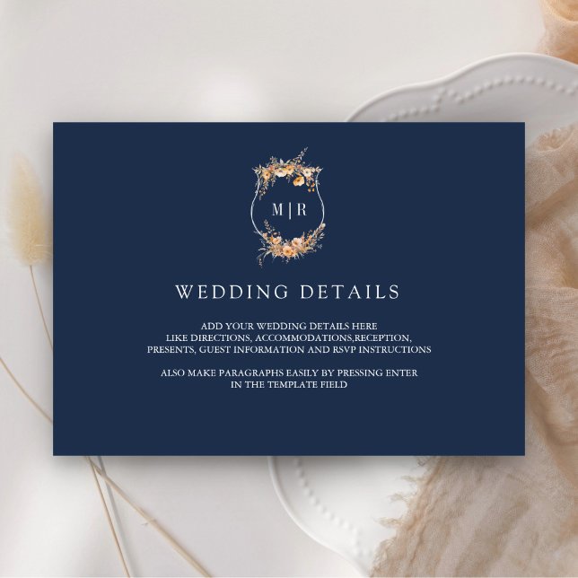 Fall Wildflower Crest Navy Blue Wedding Details Enclosure Card (Creator Uploaded)
