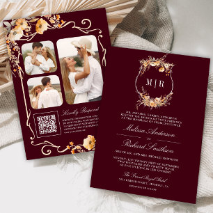 Fall Wildflower Crest QR Code Burgundy Wedding Invitation