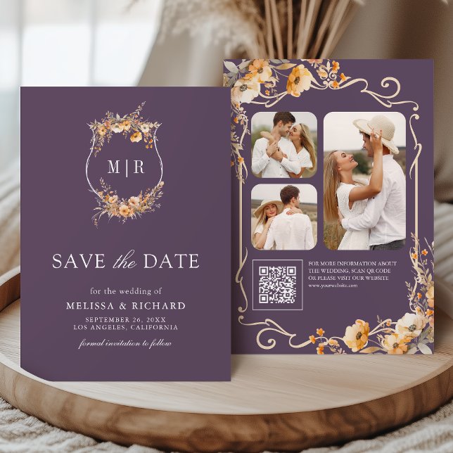 Fall Wildflower Crest QR Code Dusty Purple Wedding Save The Date (Creator Uploaded)