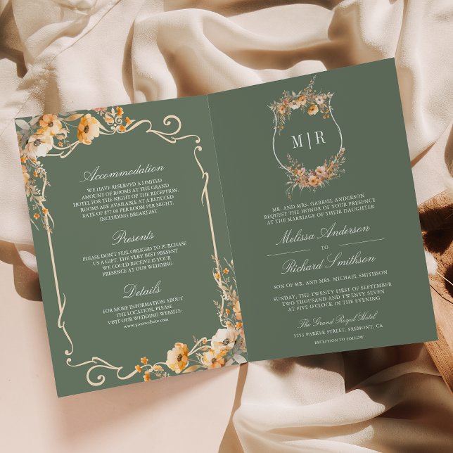 Fall Wildflower Crest Sage Green QR Code Wedding Invitation (Creator Uploaded)