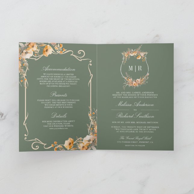 Fall Wildflower Crest Sage Green QR Code Wedding Invitation (Inside)