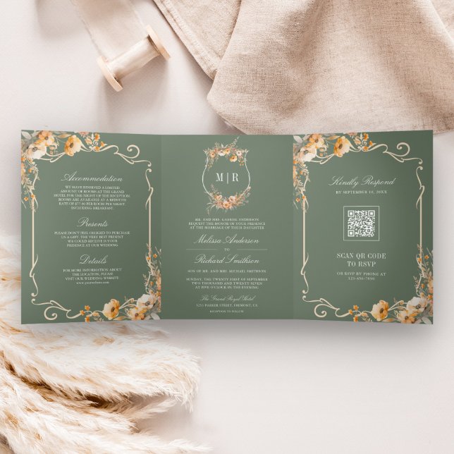 Fall Wildflower Crest Sage Green QR Code Wedding Tri-Fold Invitation (Creator Uploaded)