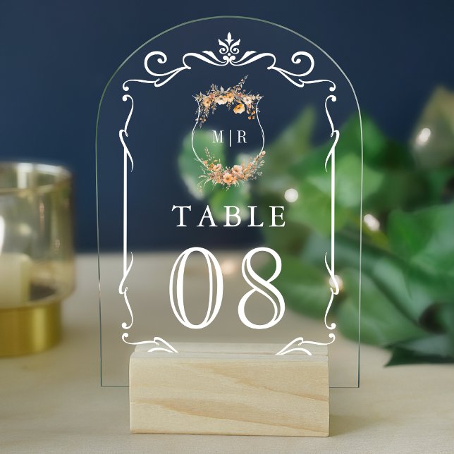 Fall Wildflower Crest Wedding Acrylic Table Number (Creator Uploaded)