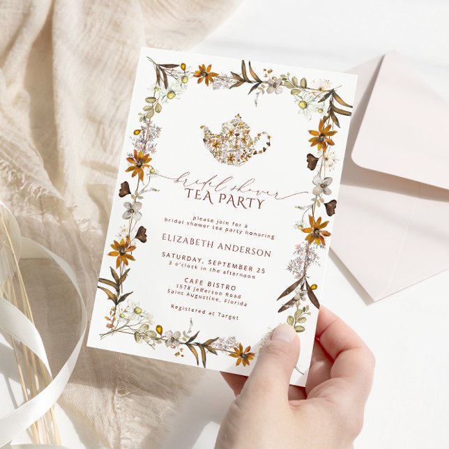 Fall Wildflower Elegant Bridal Shower Tea Party Invitation (Creator Uploaded)