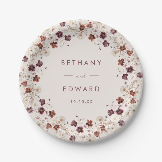 Fall Wildflower Field Beige Wedding Paper Plate (Front)
