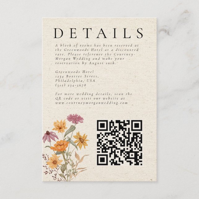 Fall Wildflower Garden Botanical Wedding Details Enclosure Card (Front)
