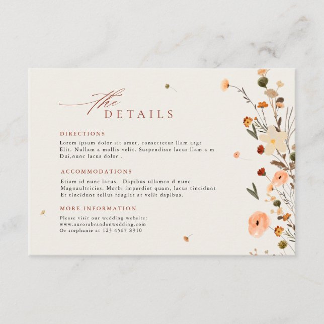 Fall Wildflower Garden Floral Boho Wedding Details Enclosure Card (Front)