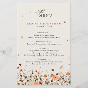 Fall Wildflower Garden Floral Boho  Wedding Menu
