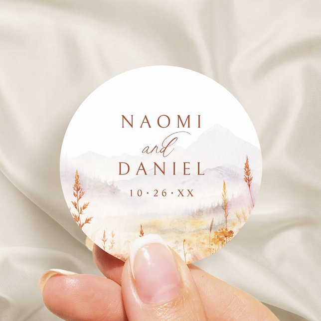 Fall Wildflower Mountain Rustic Wedding Favors Classic Round Sticker (Fall Wildflower Mountain Rustic Wedding Favors Classic Round Sticker)