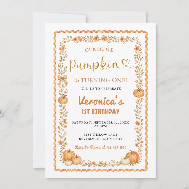 Fall Wildflower Pumpkin 1st Birthday Invitation (Front)