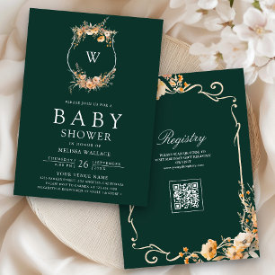Fall Wildflower QR Code Emerald Green Baby Shower Invitation