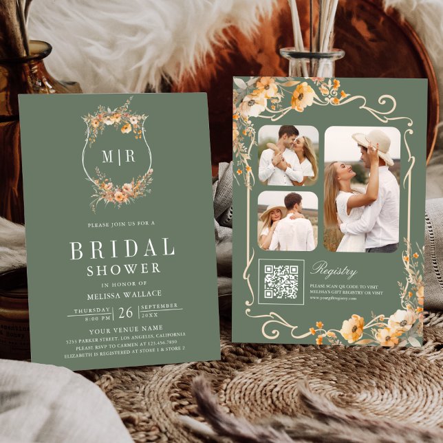 Fall Wildflower QR Code Sage Green Bridal Shower Invitation (Creator Uploaded)