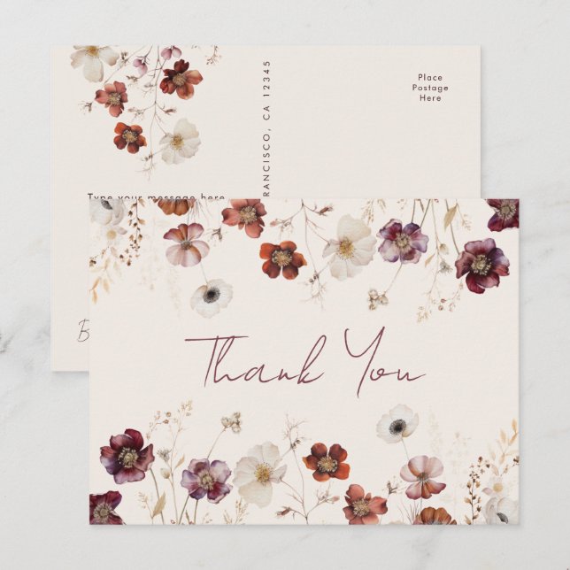 Fall Wildflower Wedding Thank You Postcard (Front/Back)