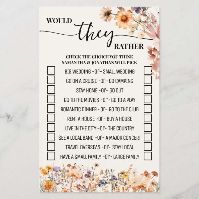 Fall Wildflower Would They Rather Shower Game Card (Front)