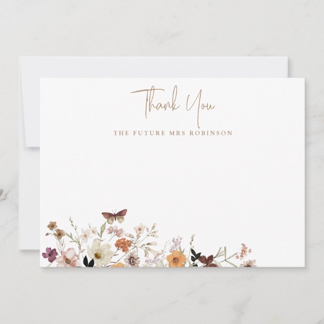 Fall Wildflowers Bridal Shower Flat Thank You Card (Front)