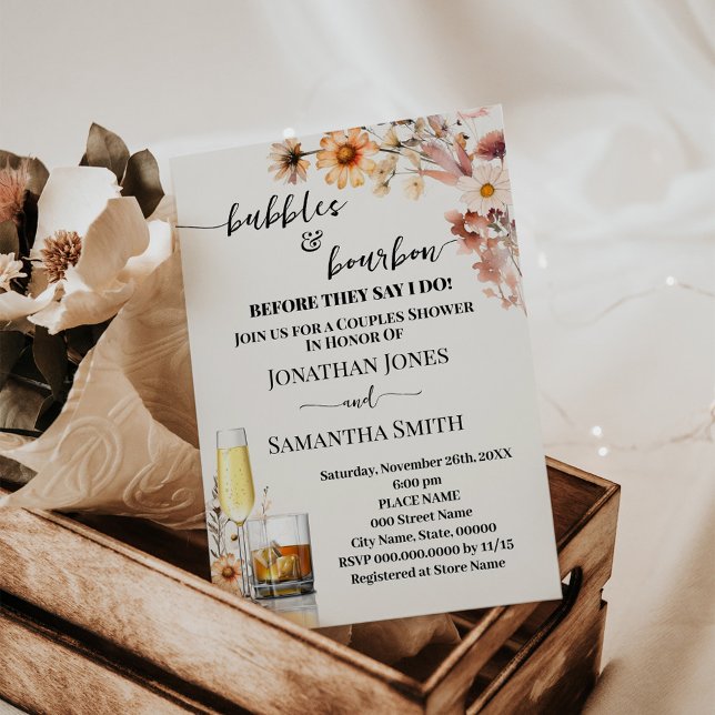 Fall Wildflowers Bubbles & Bourbon Couples Shower Invitation (Creator Uploaded)