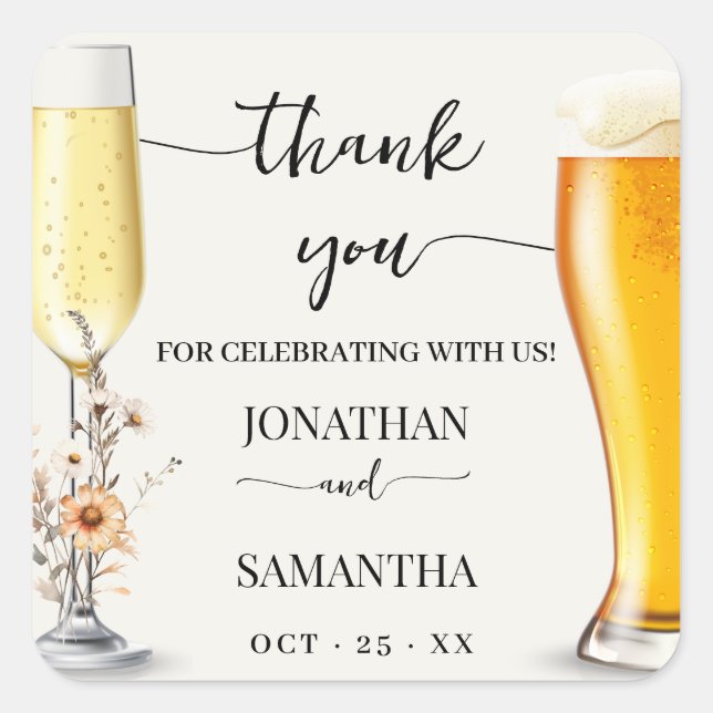 Fall Wildflowers Bubbles & Brews Thank You Shower Square Sticker (Front)