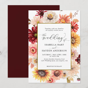 Fall Wildflowers Burgundy Gold Colourful Wedding Invitation