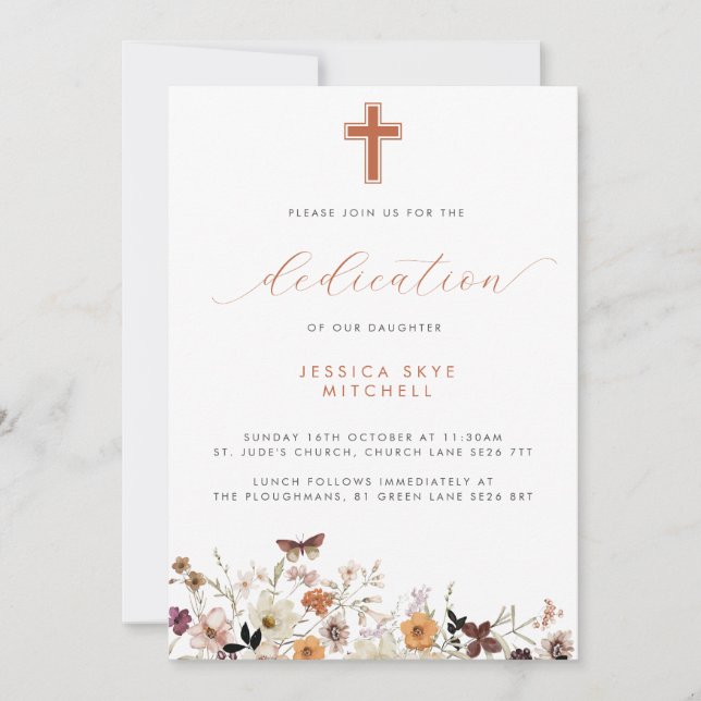 Fall Wildflowers Cross & Script Baby Dedication Invitation (Front)