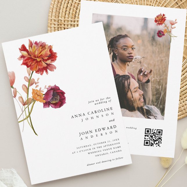 Fall Wildflowers Floral Photo & QR Code Wedding Invitation (Creator Uploaded)