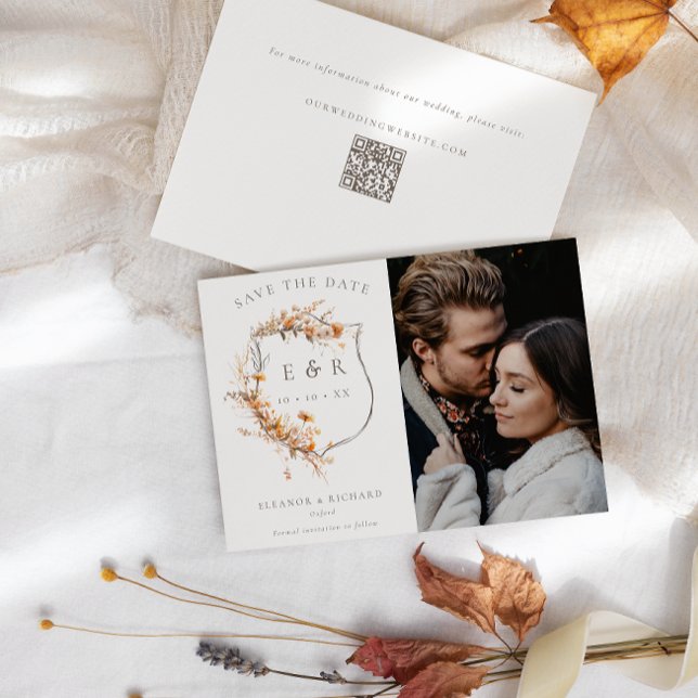 Fall Wildflowers Monogram Crest QR Photo Wedding Save The Date (Creator Uploaded)