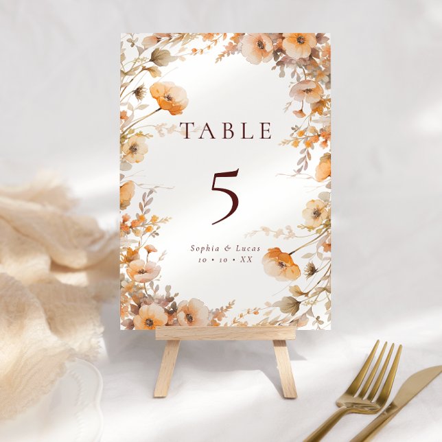 Fall Wildflowers Orange & Brown Wedding Table Number (Creator Uploaded)