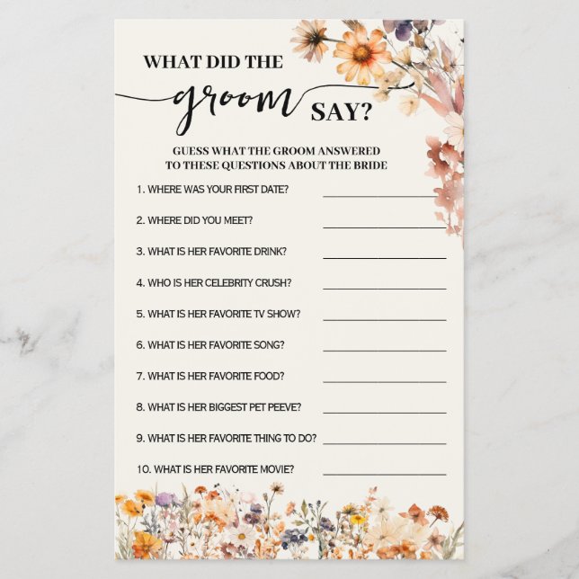 Fall Wildflowers What Groom Say Shower Game Card (Front)