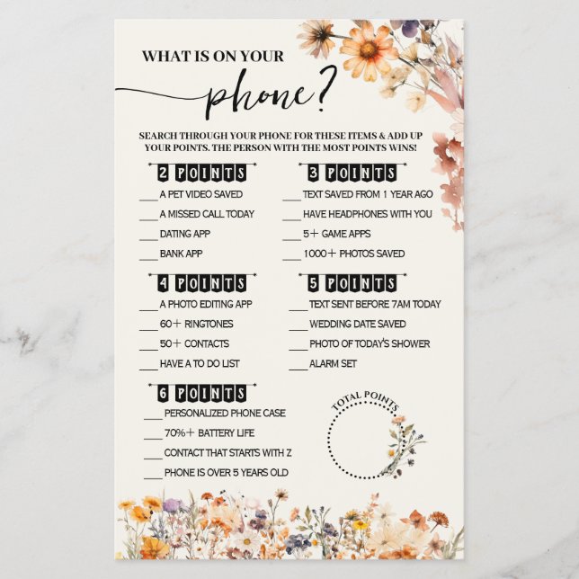 Fall Wildflowers What is on Phone Shower Game Card (Front)