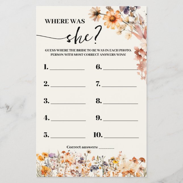 Fall Wildflowers Where was Bride Shower Game Card (Front)