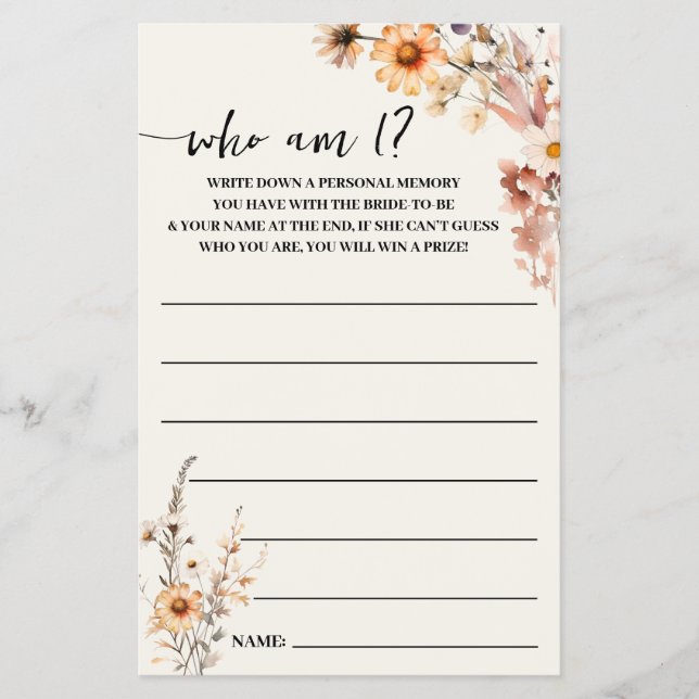 Fall Wildflowers Who am I? Bridal Shower Game Card (Front)