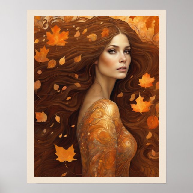 Fall Wind Woman in Orange Leaves Art Nuevo Print (Front)