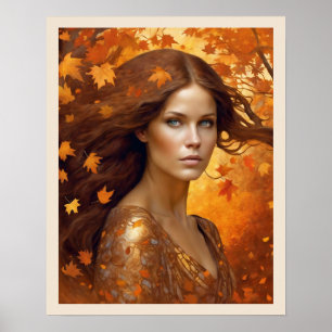 Fall Wind Woman in Orange Leaves Blue Eyes Woman Poster