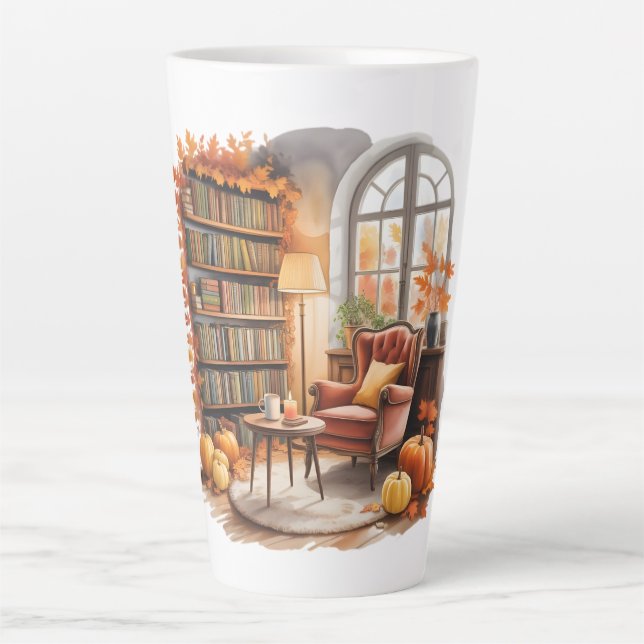 Fall Window Reading Tasses — Cozy Chair & Books Latte Mug (Front)